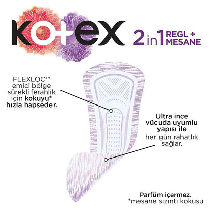 Protège-slips quotidiens 2-en-1 règles et fuites urinaires Kotex, 22 unités