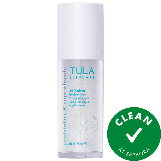 Sérum visage ultra-hydratant TULA 24-7 : triple acide hyaluronique, squalane et collagène - hydrate intensément, repulpe la peau et réduit les rides - non testé sur les animaux