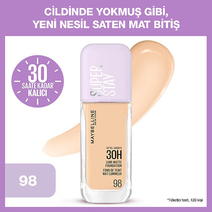 Base de maquillaje Maybelline Super Stay Lumi Matte: 30 horas de cobertura mate satinada y ligera para piel grasa, acabado natural