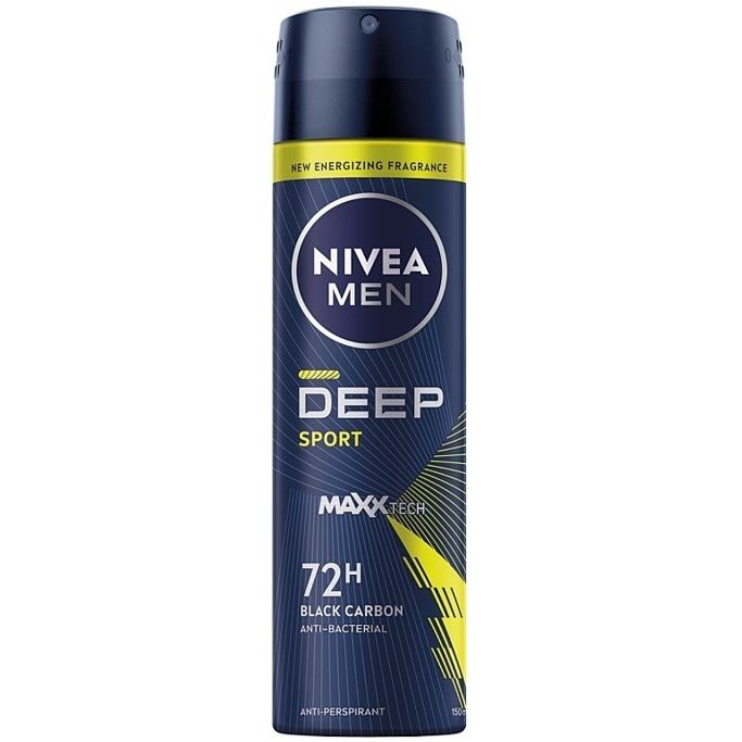 NIVEA MEN DEEP Sport MaxxTech 72h Anti-Perspirant Spray Black Carbon & Anti-Bacterial – 150 mL