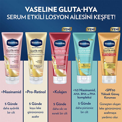 Lait corporel solaire Vaseline Gluta-Hya SPF 50 : protection UVA/UVB, acide hyaluronique hydratant, réduit les taches solaires, formule non grasse