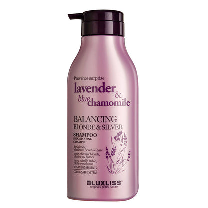 Shampooing équilibrant Luxliss Lavender Blue Chamomile pour cheveux blonds et argentés 500 ml