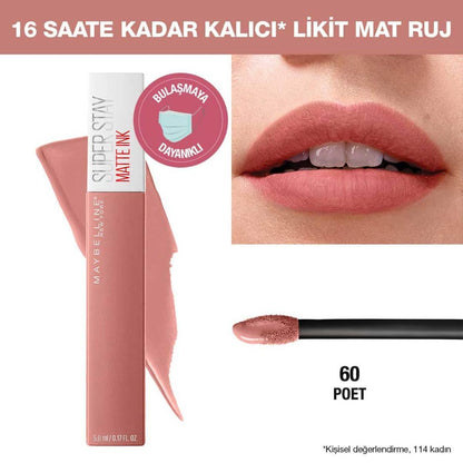 Rouge à lèvres liquide mat Maybelline Super Stay Matte Ink - Tenue 16H, sans transfert, teinte Unnude Poet