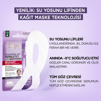 Masque yeux refroidissant à l'acide hyaluronique Revitalift Filler de L'Oréal Paris - Masque en tissu anti-âge et hydratant pour les cernes et les ridules