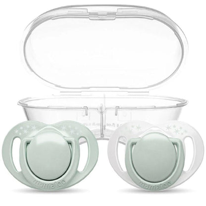 Set de 2 sucettes orthodontiques en silicone Mamajoo, Vert poudré, 0m+ avec boîte