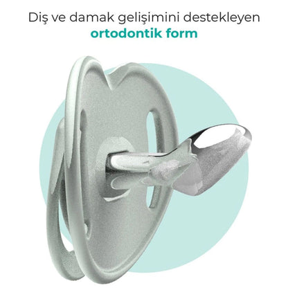 Set de 2 sucettes orthodontiques en silicone Mamajoo, Vert poudré, 0m+ avec boîte