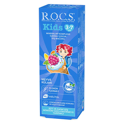 Pasta dental infantil Rocs Kids: protección contra caries sin flúor con delicioso sabor a frutas para niños de 3 a 7 años