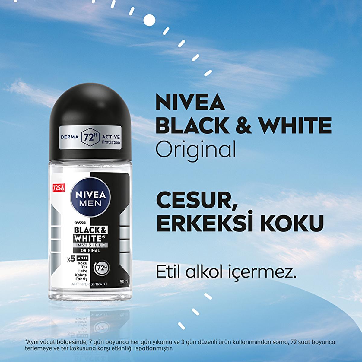 Nivea Men Deodorant - Nivea Men Erkek Roll-on Deodorant Black & White Invisible Original 50 ml - Long Lasting Anti-Perspirant Protection