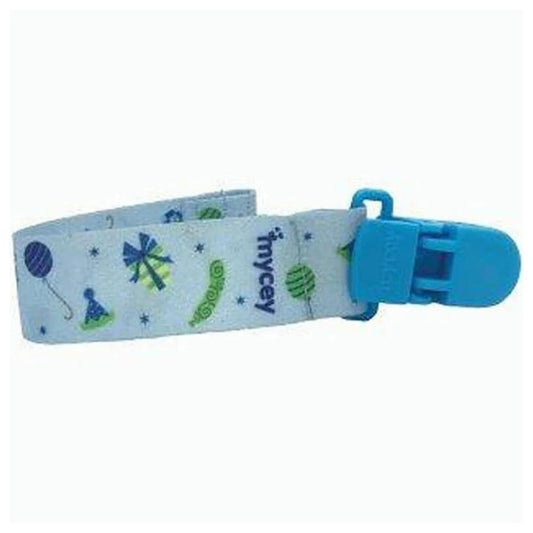 Attache-sucette Mycey Party Time Bleu pour une fixation sécurisée, 1 unité