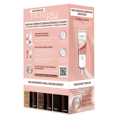 Coloration L'Oréal Paris Excellence Nude Brun Foncé : Couverture des cheveux gris sans ammoniaque pour toutes les carnations - Obtenez une couleur naturelle et éclatante à la maison