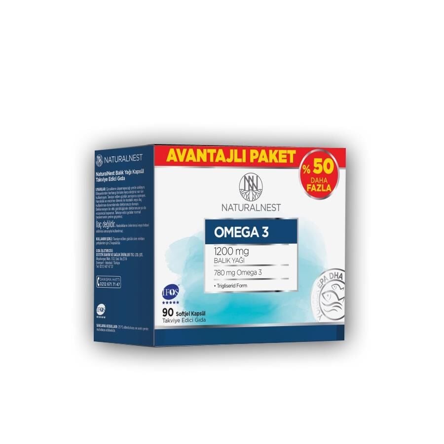 Suplemento de ácidos grasos esenciales Omega 3 Naturalnest, 90 cápsulas
