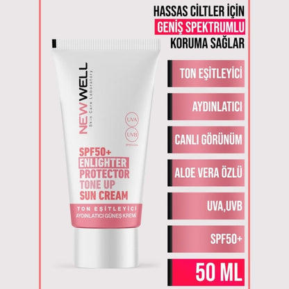 Crème solaire illuminatrice pour le visage New Well Pink SPF50+ 50 ml