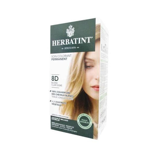 Herbatint 8D Blond Clair Doré : Coloration pour cheveux blond clair doré - Formule naturelle aux extraits végétaux, sans ammoniaque ni parabène pour cuir chevelu sensible, couverture des cheveux blancs