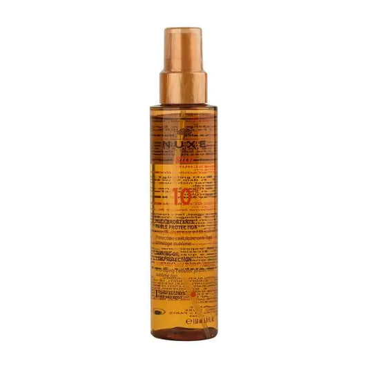 Huile Bronzante Nuxe Sun SPF10 : Huile de bronzage nourrissante pour le visage et le corps, résistante à l'eau, sans paraben ni silicone - Obtenez un hâle naturel et lumineux