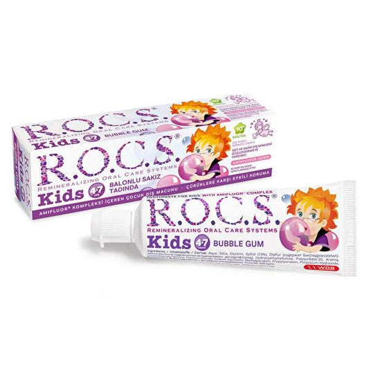 Dentifrice pour enfants Rocs, goût chewing-gum, sans SLS, renforce les dents pour les enfants de 4 à 7 ans