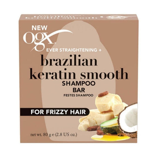Shampooing solide fortifiant OGX à la kératine brésilienne pour cheveux lisses 80 g