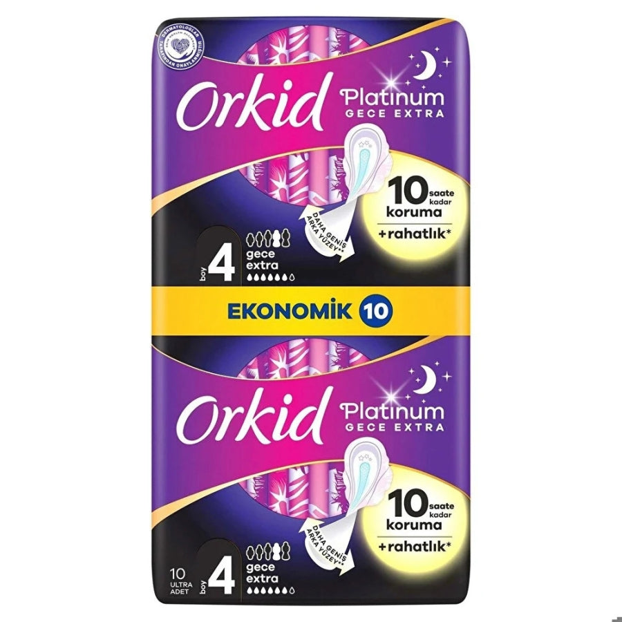 Orkid Platinum Night Sanitary Pads for Extra Protection 10 Count