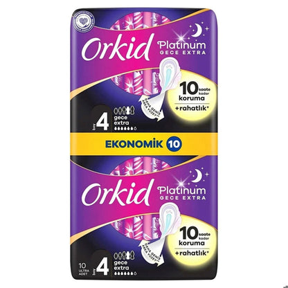 Serviettes hygiéniques Orkid Platinum Night pour une protection renforcée, paquet de 10
