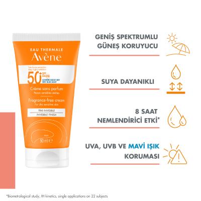 Crema solar sin perfume Avène para piel seca SPF50+ - Resistente al agua e hidratante