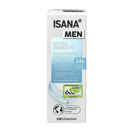Isana Men Ultra Sensitive Crème Hydratante - Crème hydratante pour le visage pour hommes, apaise les irritations, soin vegan, 75 ml
