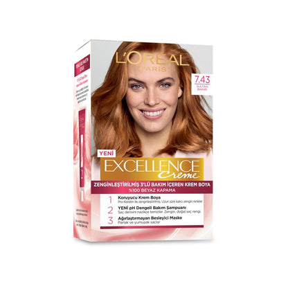 L'Oréal Paris Excellence Crème 7.43 : Coloration Cuivré Sultan - Couverture 100 % des cheveux blancs, couleur longue durée, Pro-Kératine et Céramide pour protéger les cheveux