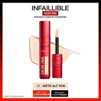 Base de maquillaje líquida L'Oreal Paris Skin Ink de cobertura total y larga duración de 48H: ligera, resistente a la transferencia, correctora de rojeces - subtono neutro
