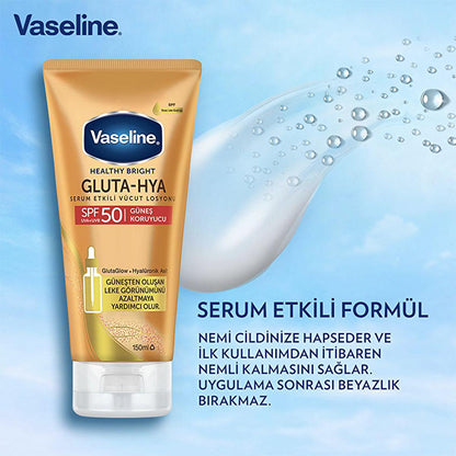 Lait corporel solaire Vaseline Gluta-Hya SPF 50 : protection UVA/UVB, acide hyaluronique hydratant, réduit les taches solaires, formule non grasse