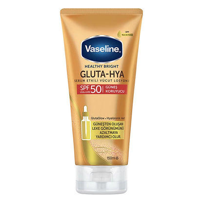 Lait corporel solaire Vaseline Gluta-Hya SPF 50 : protection UVA/UVB, acide hyaluronique hydratant, réduit les taches solaires, formule non grasse
