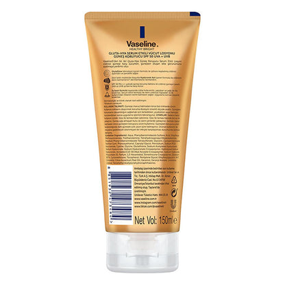 Lait corporel solaire Vaseline Gluta-Hya SPF 50 : protection UVA/UVB, acide hyaluronique hydratant, réduit les taches solaires, formule non grasse