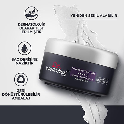 Pasta mate para peinar Wella Wellaflex Men Dynamic Texture - Cera para el cabello de fijación ultra fuerte | 75 ml