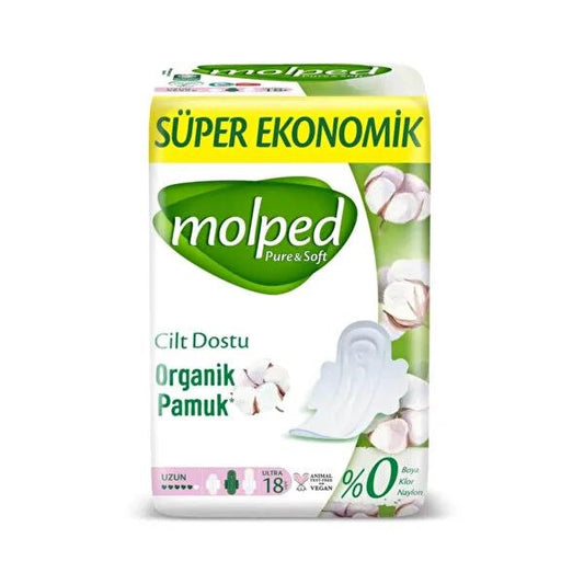 Serviettes hygiéniques Molped Pure & Soft Long - 18 unités - Ultra absorbantes, anti-odeurs, protection durant les règles et hygiène féminine discrète