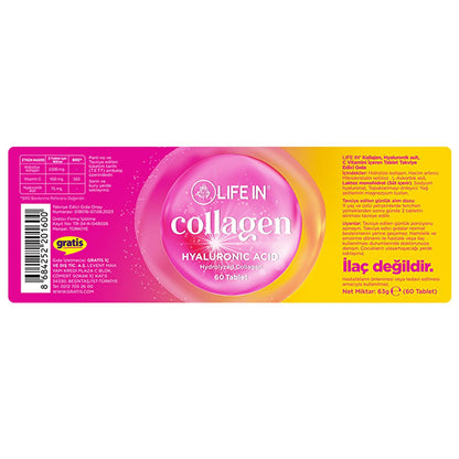 Suplemento de colágeno Life In Kolajen con ácido hialurónico y vitamina C - 60 comprimidos para el apoyo de la salud de la piel