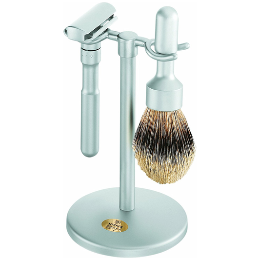 Merkur Futur Brushed Chrome Stand, Adjustable Safety Razor & Badger Brush 3 Piece Shaving Set Shaving Set Pasteur Pharmacy