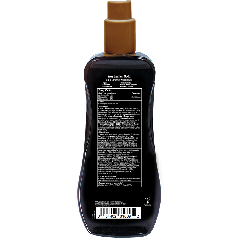 Australian Gold SPF 8 Spray Gel Bronzer 8 fl oz Skin Care Pasteur Pharmacy