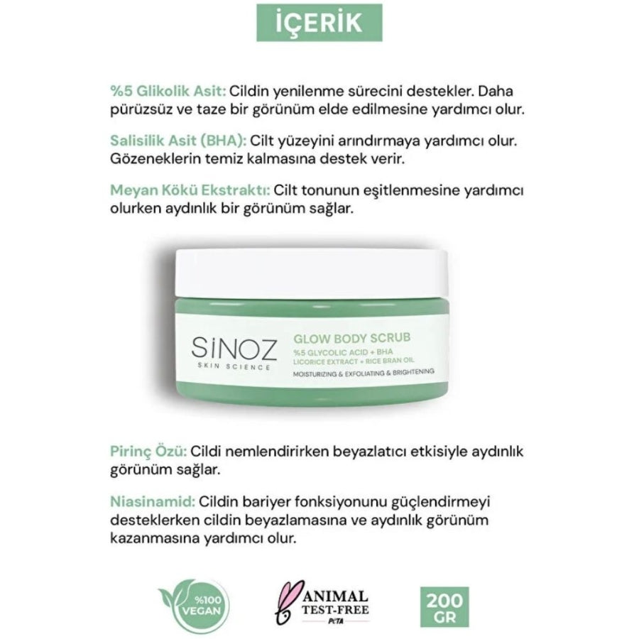 Gommage corporel éclat à l'acide glycolique 5% Sinoz Glow 200g