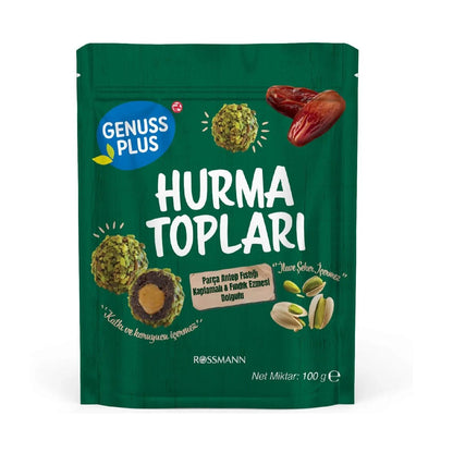 Bolitas de dátil recubiertas de pistacho con avellana Genuss Plus 100g