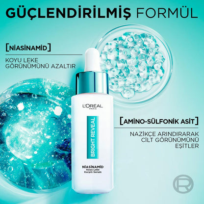 Sérum corrector de manchas oscuras con niacinamida Bright Reveal de L'Oréal Paris: atenúa marcas de acné, manchas solares y de la edad para una piel radiante