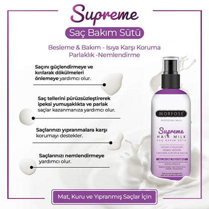 Morfose Supreme Hair Care Milk - Tratamiento capilar con colágeno vegano y queratina vegetal, hidratación ligera y protección térmica - 10.14 fl oz