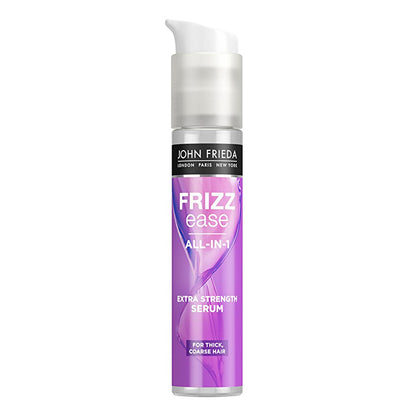 Sérum Extra Fuerte Frizz Ease de John Frieda para cabello encrespado - 1.69 fl oz, aceite de argán, aceite de coco, aceite de moringa para control del encrespamiento, protección térmica e hidratación