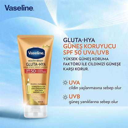 Lait corporel solaire Vaseline Gluta-Hya SPF 50 : protection UVA/UVB, acide hyaluronique hydratant, réduit les taches solaires, formule non grasse