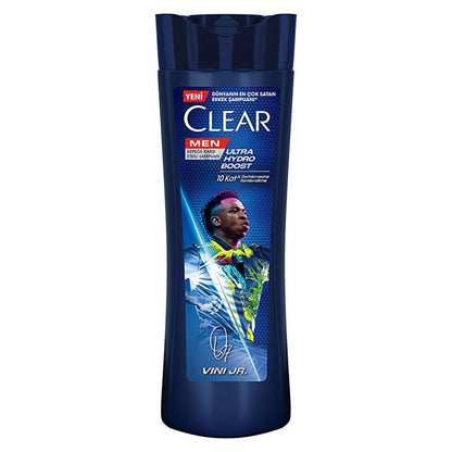 Champú anticaspa Clear Men Vin’cius Jœnior: Ultra Hydro Boost para hombre - 10 veces más hidratación profunda, eucalipto y madera de cedro, combate la sequedad del cuero cabelludo y la caspa