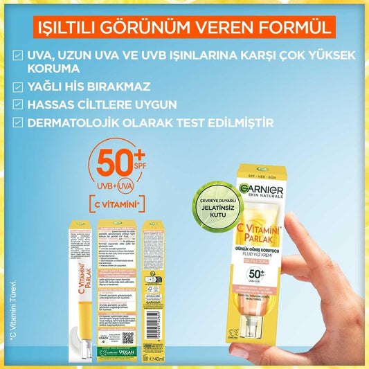 Crema hidratante facial diaria Garnier con FPS 50+ - Crema facial iluminadora con vitamina C para piel sensible