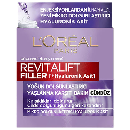 Crème de jour anti-âge Revitalift Filler à l'acide hyaluronique de L'Oréal Paris : hydratation intense, combleur de rides et repulpeur de peau pour un éclat de jeunesse