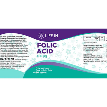 Life In Ácido Fólico 400 mcg Suplemento Alimenticio 90 Tabletas