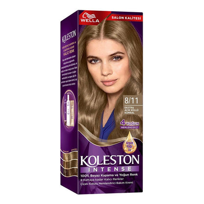 Coloration capillaire Wella Koleston Intense 8/11 : Blond cendré très clair, couverture à 100 % des cheveux blancs, couleur longue tenue à l'huile d'argan