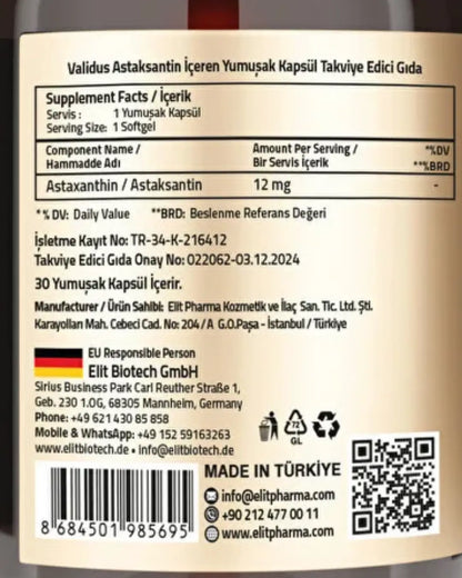 Complément alimentaire Validus Astaxanthine 12 mg, 30 capsules