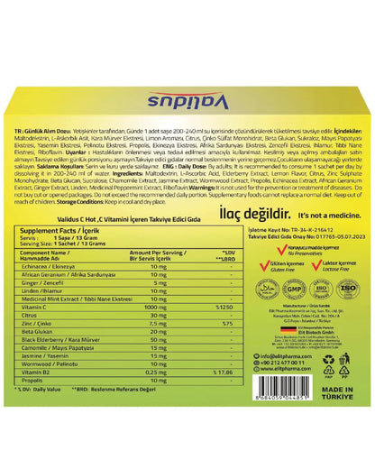 Validus C Mélange pour boisson aux herbes chaudes pour un soutien quotidien 12 sachets