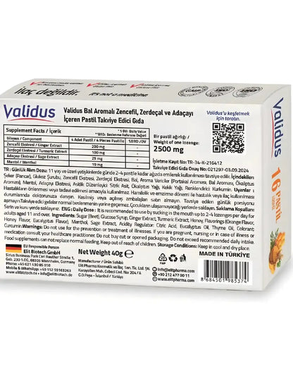 Pastillas de hierbas de jengibre y cúrcuma con miel Validus, 16 unidades