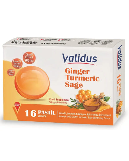 Pastillas de hierbas de jengibre y cúrcuma con miel Validus, 16 unidades
