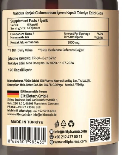 Suplemento alimenticio de glucomanano de konjac Validus 3000 mg, 120 cápsulas